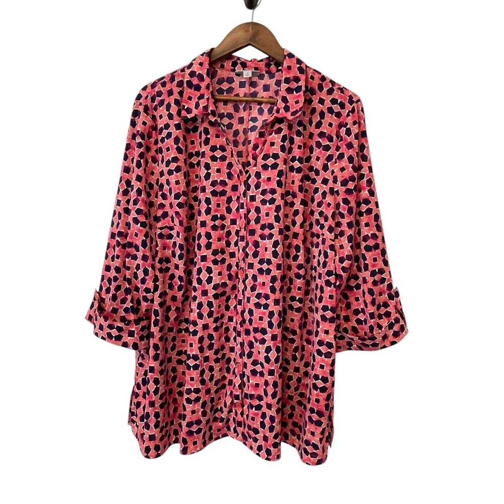Catherine's 2X Mosaic Print‎ Buttondown Top 3/4 Sleeves Artsy Vacation Summer